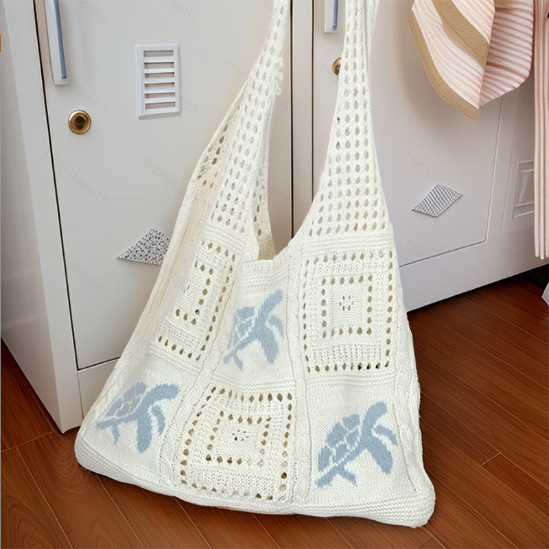 Knitted Retro Hollow Hand-Knitted Blue Turtle Knit Bag