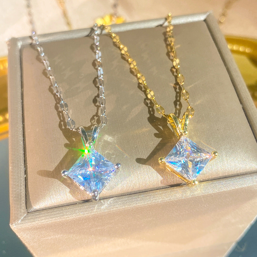 Geometric Zircon Square Pendant V-Shaped Necklace For Little Girls