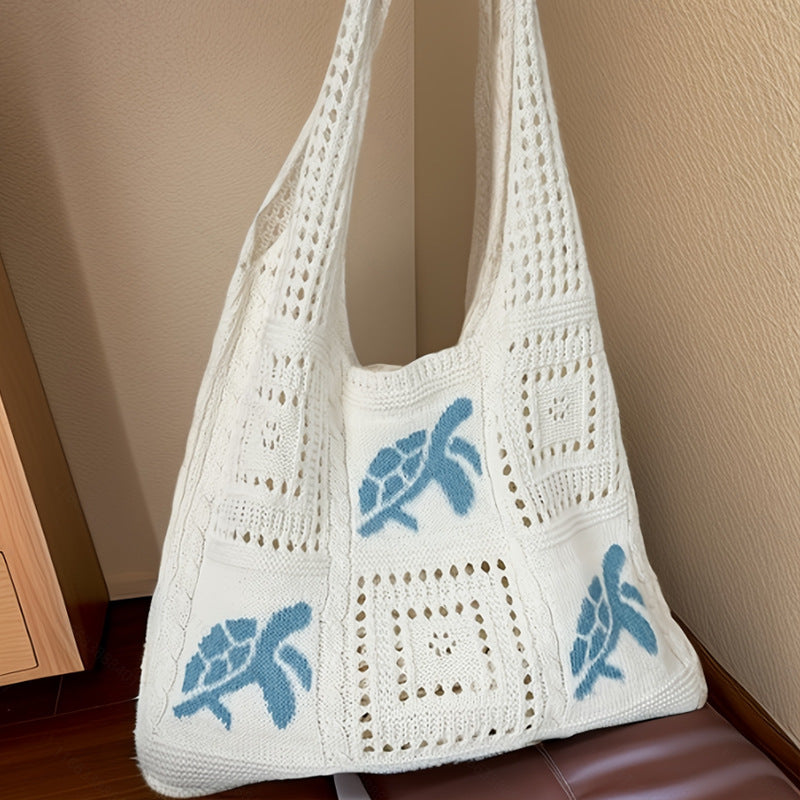 Knitted Retro Hollow Hand-Knitted Blue Turtle Knit Bag