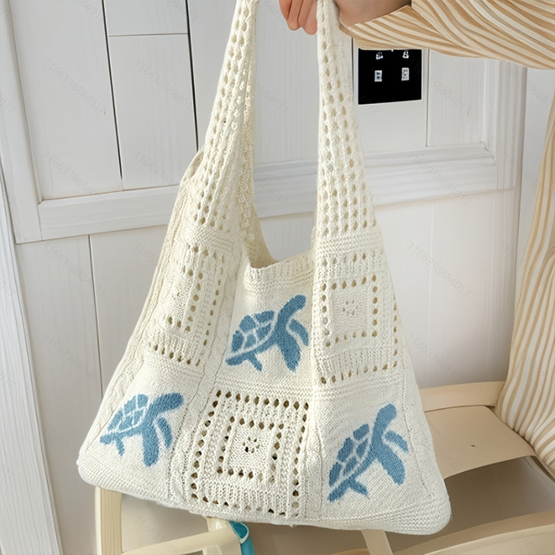 Knitted Retro Hollow Hand-Knitted Blue Turtle Knit Bag