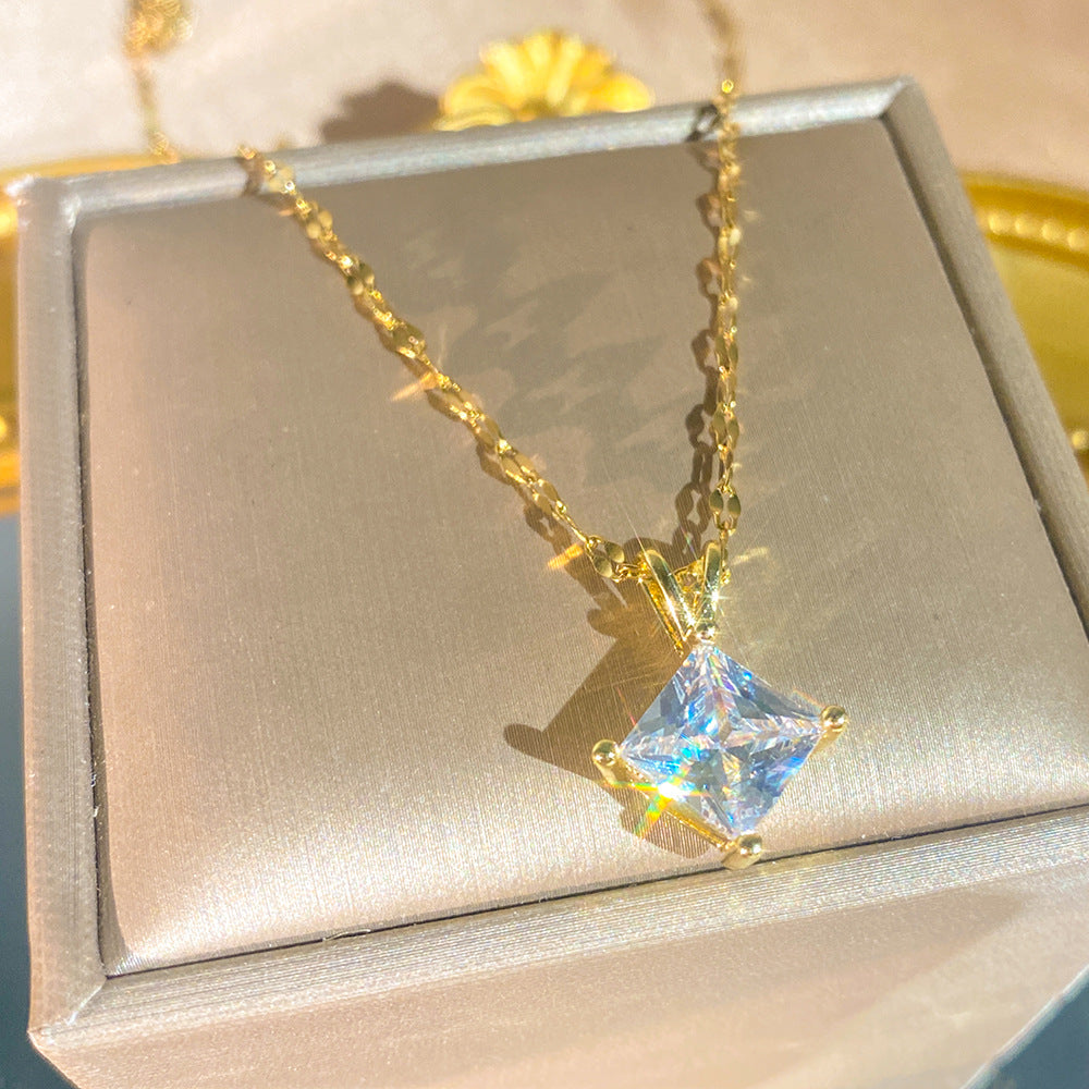 Geometric Zircon Square Pendant V-Shaped Necklace For Little Girls