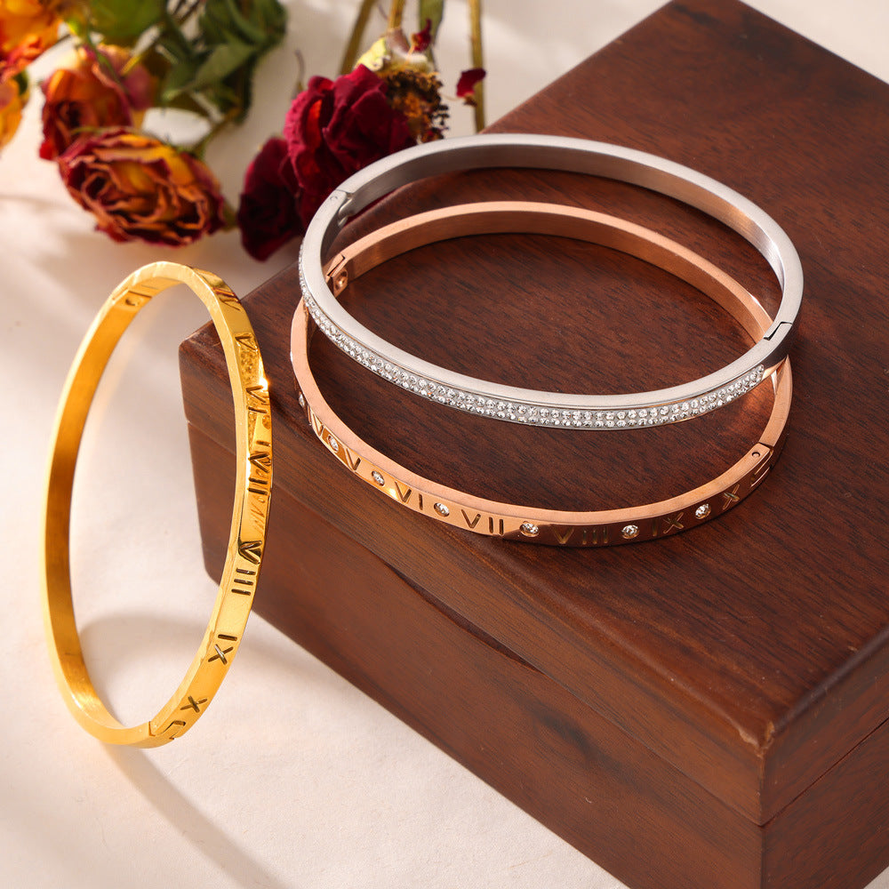Retro Minority Unique Simple Jewelry Carved Roman Digital Design Diamond-embedded Titanium Steel Gold-plated Bracelet